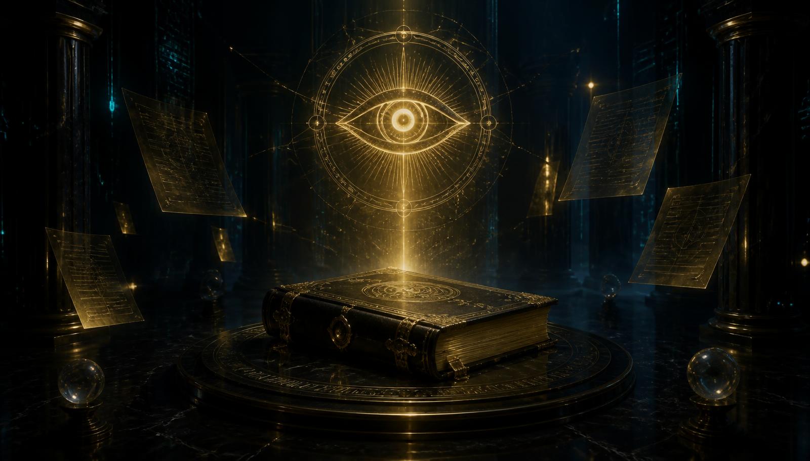 A golden all-seeing sigil above an antique law book in a dark chamber